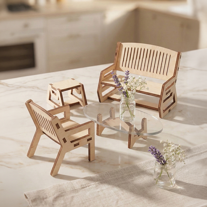 Wooden outdoor laser cut furniture set with a glass table on a light surface