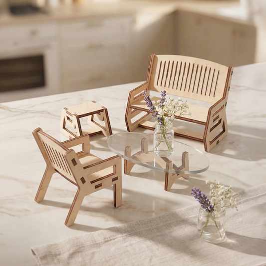 Wooden outdoor laser cut furniture set with a glass table on a light surface