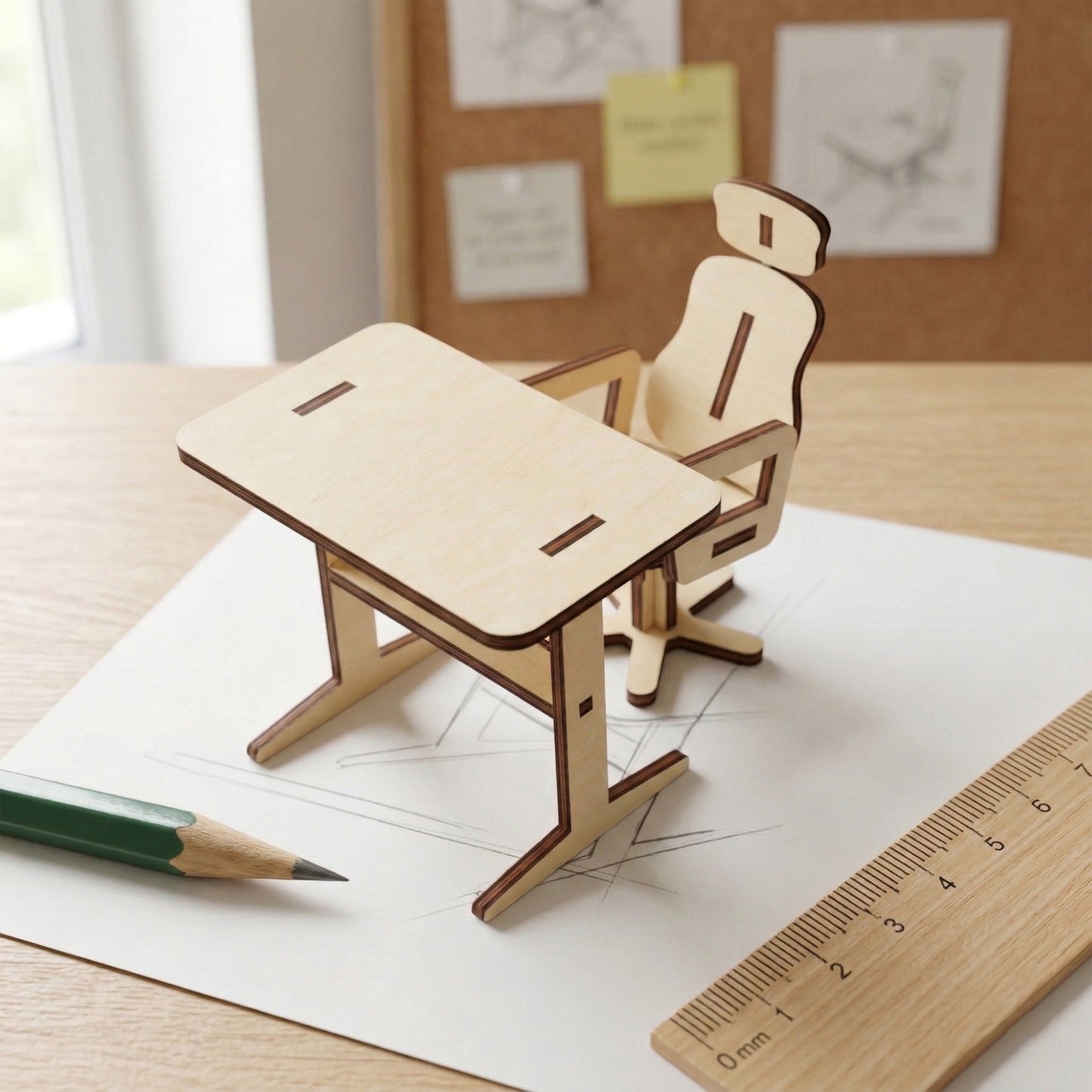 Close-up of a miniature computer desk and ergonomic-style chair made of laser cut plywood. Resting on a technical drawing with a green pencil and wooden ruler for scale. Highlights the fine detail and natural texture of the material.