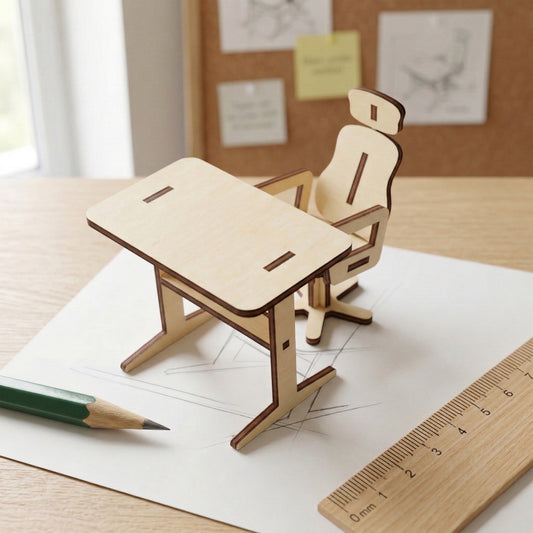 Close-up of a miniature computer desk and ergonomic-style chair made of laser cut plywood. Resting on a technical drawing with a green pencil and wooden ruler for scale. Highlights the fine detail and natural texture of the material.