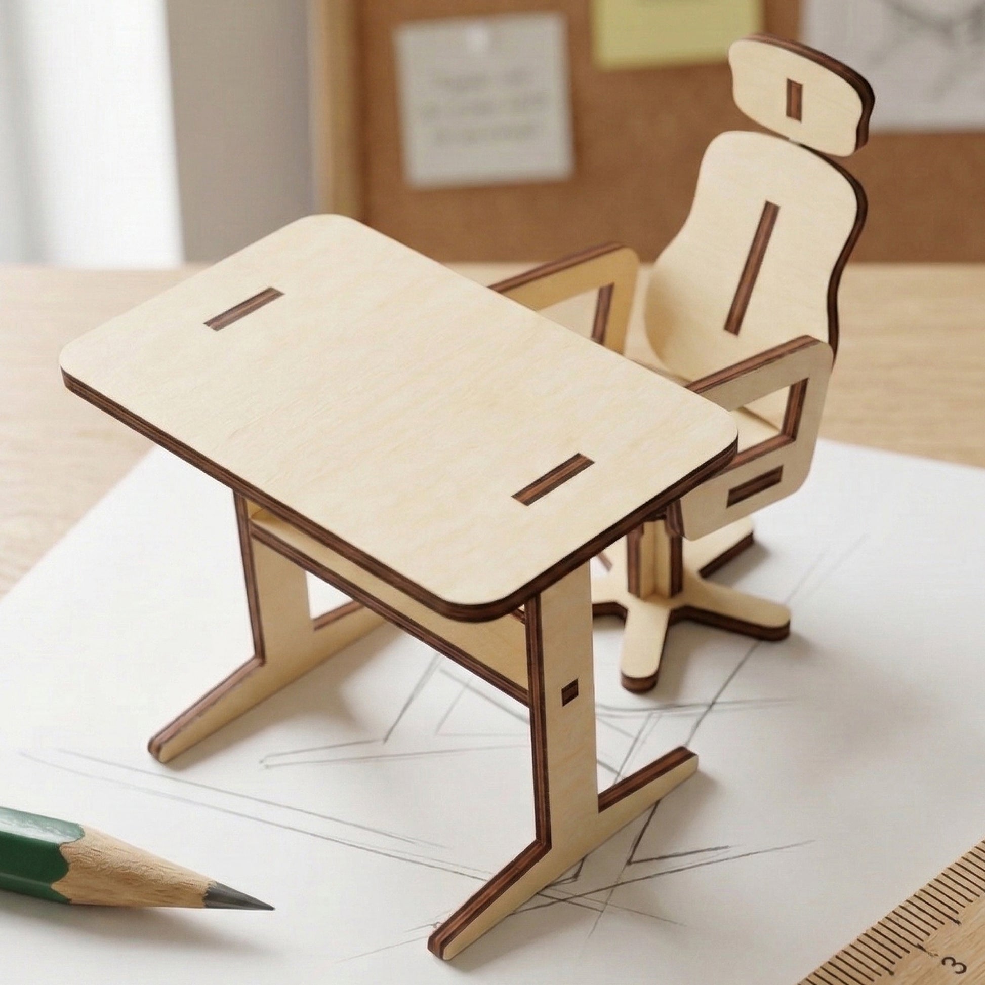 Close-up of a miniature computer desk and ergonomic-style chair made of laser cut plywood. Resting on a technical drawing with a green pencil and wooden ruler for scale. Highlights the fine detail and natural texture of the material.