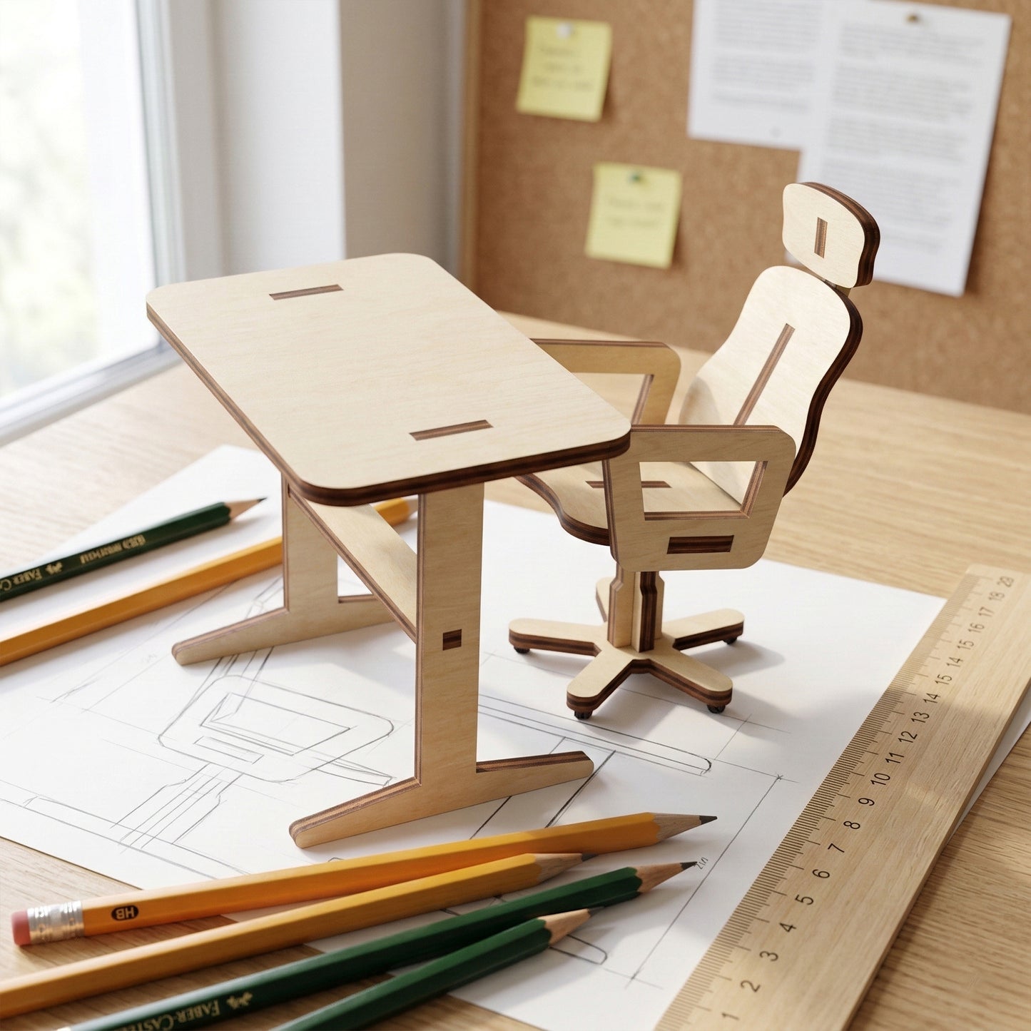Detailed shot of a laser cut plywood dollhouse office set. A small desk and high-back chair sit on an assembly diagram. Surrounded by yellow pencils and a wooden ruler, illustrating the miniature scale and precise construction.