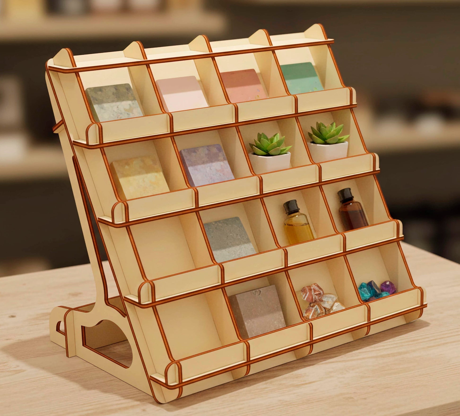 A tiered laser cut wooden plywood  display stand on a counter, showcasing small product samples like soap bars, essential oils, and succulents. The plywood structure features precise interlocking slots and dark burnt-edge accents.