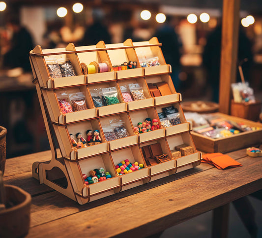 Laser cut plywood retail shelf display at a craft market, filled with small bags of beads, colorful thread spools, and wooden figurines. The multi-bin design highlights the efficient organization of small handmade goods