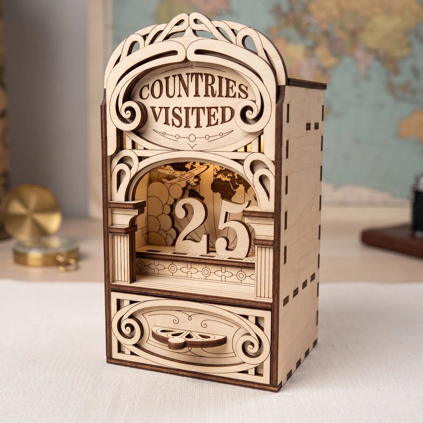 Laser cut Countries Visited book nook SVG design with ornate wooden frame, map background, and 25 countries visited display.