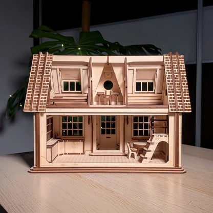 Straight open back view of a two-story laser cut plywood miniature country dollhouse showcasing its detailed room layouts.