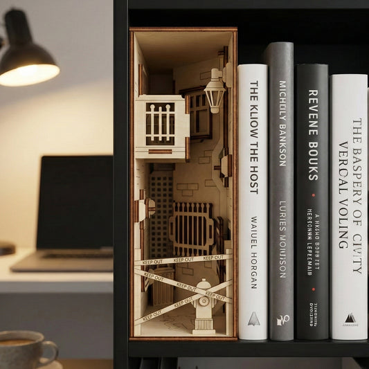 Front view of a laser cut plywood book nook shelf insert depicting a dark city alley crime scene. The wooden miniature features a balcony, fire hydrant, and "KEEP OUT" police tape. It is tucked between books on a black bookshelf.