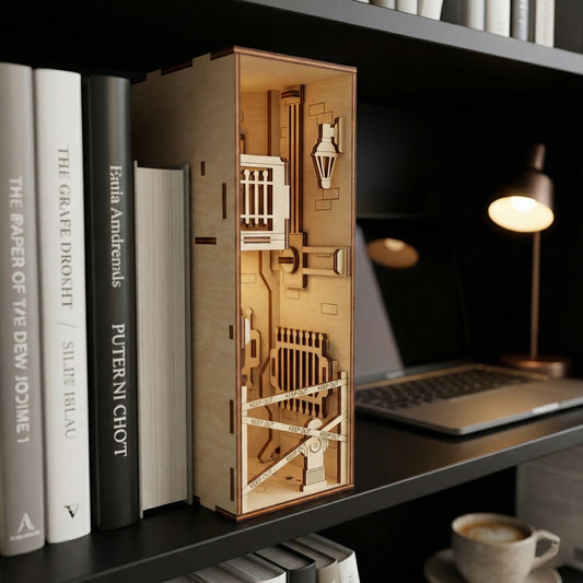 Perspective view from the left of the crime scene book nook. The laser cut plywood details show a street lamp, fire escape, and brick wall patterns. A laptop and desk lamp are blurred in the background, showing the item in a home office setting.