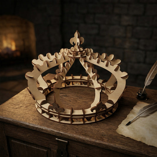 A 3D royal crown made of laser-cut plywood featuring a fleur-de-lis topper and intricate interlocking slats. Displayed in a medieval-themed setting on a wooden chest with a quill, inkwell, and parchment. Highlights the natural wood grain and precision craftsmanship.