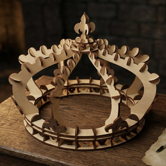 A 3D royal crown made of laser-cut plywood featuring a fleur-de-lis topper and intricate interlocking slats. Displayed in a medieval-themed setting on a wooden chest with a quill, inkwell, and parchment. Highlights the natural wood grain and precision craftsmanship.