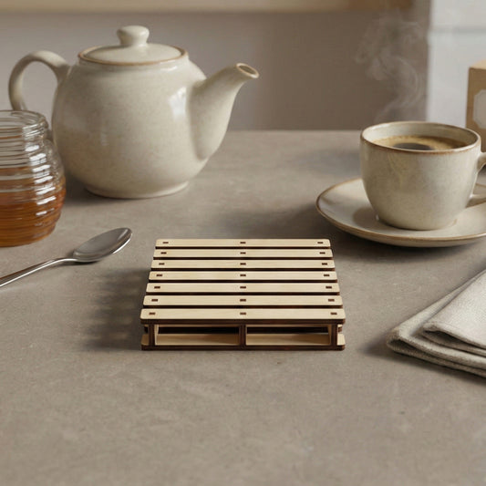 Natural light wood laser cut pallet coaster featuring precise slotted construction and dark accents, displayed on a warm kitchen surface.