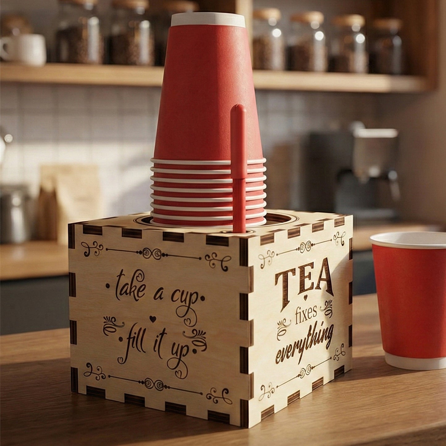 Square laser cut plywood cup organizer with finger-joint edges. Features engraved text "take a cup fill it up" and "TEA fixes everything." A stack of red paper cups and a red marker are inserted into the top cutouts.