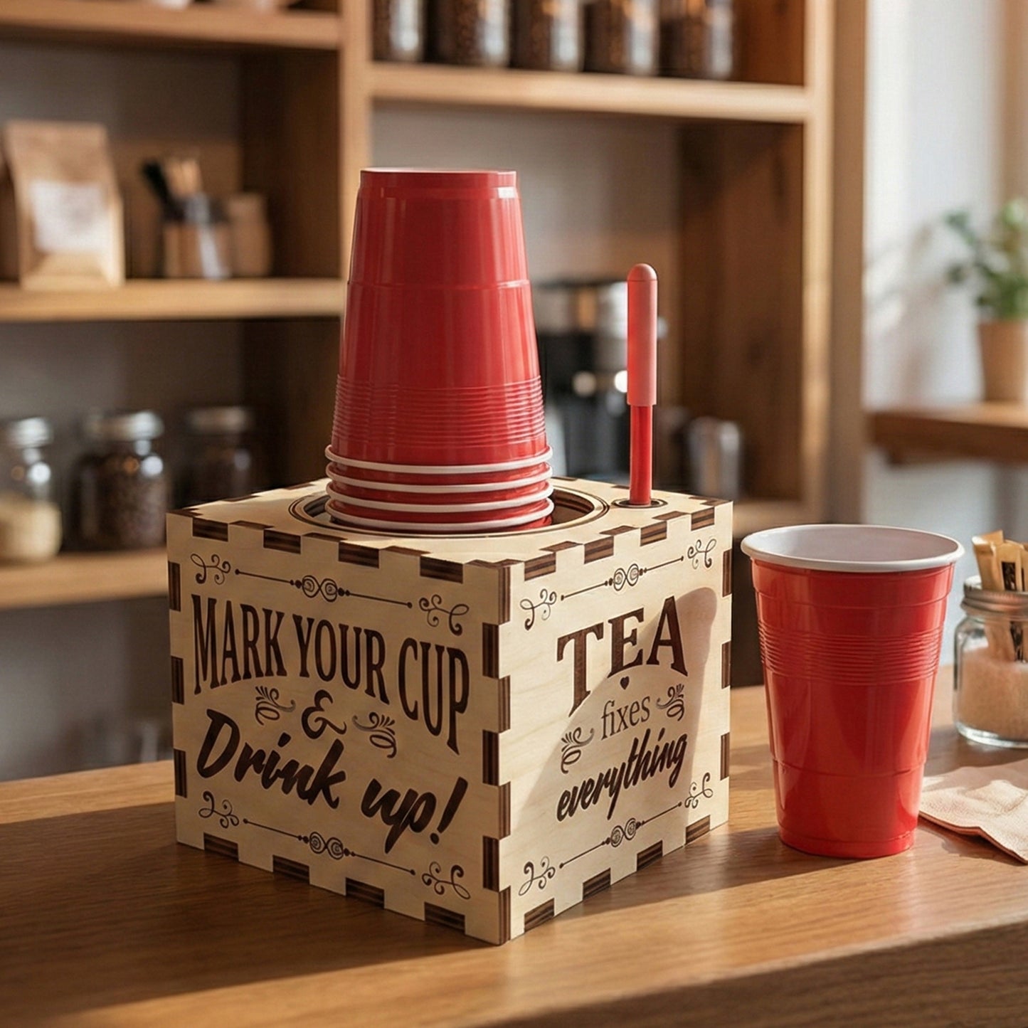 Side view of the laser cut plywood cup dispenser showing the engraving "MARK YOUR CUP & Drink up!" next to "TEA fixes everything." It sits on a wooden counter in a cafe setting with red cups and a sugar jar.