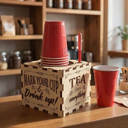 Side view of the laser cut plywood cup dispenser showing the engraving "MARK YOUR CUP & Drink up!" next to "TEA fixes everything." It sits on a wooden counter in a cafe setting with red cups and a sugar jar.