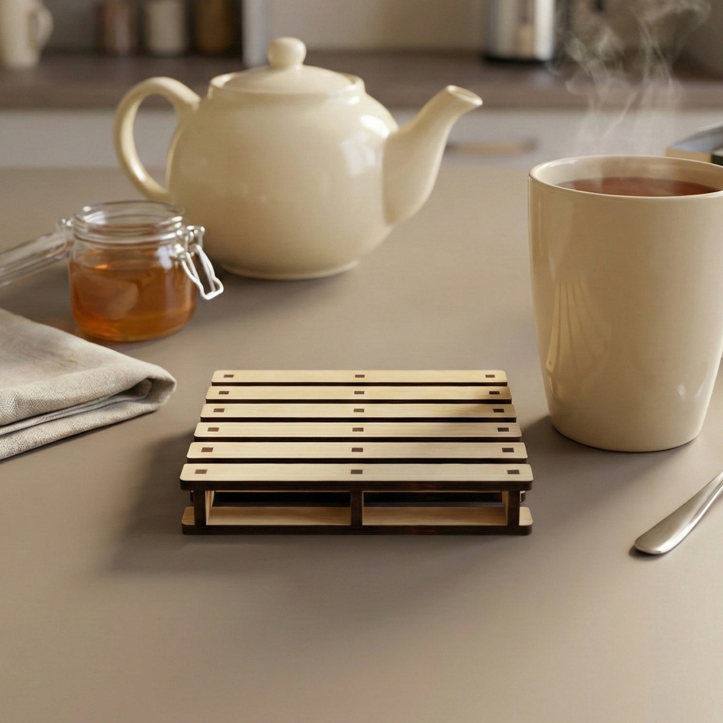Elegant laser cut wooden coaster resembling a tiny pallet, supporting a hot tea mug with vapor, in a serene kitchen environment.