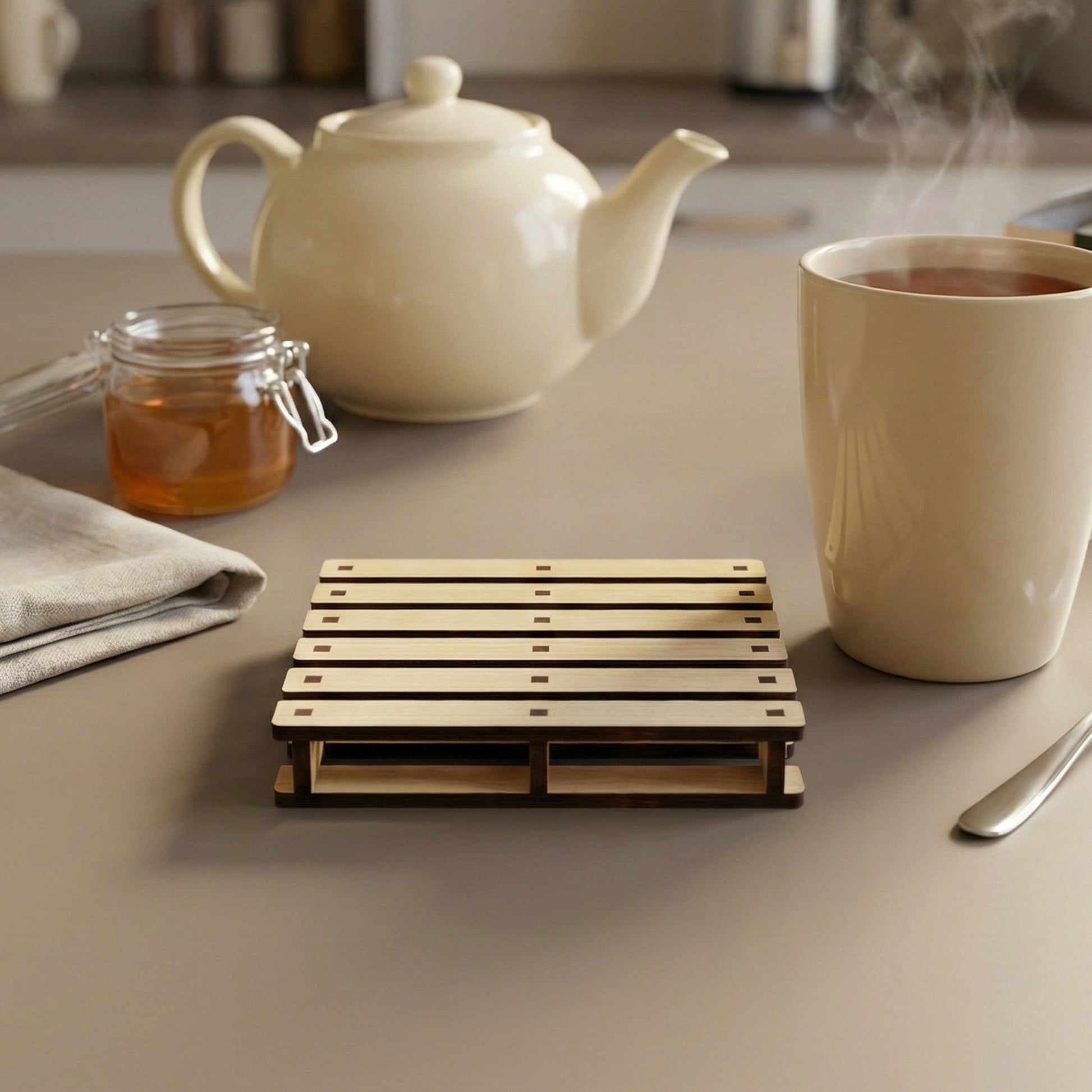 Elegant laser cut wooden coaster resembling a tiny pallet, supporting a hot tea mug with vapor, in a serene kitchen environment.