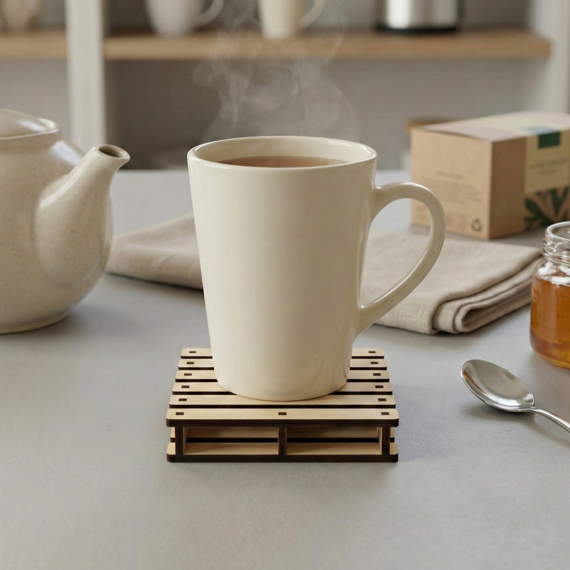 Laser-cut wooden pallet style cup holder with slatted design and contrasting dark supports, placed on a neutral kitchen countertop background.