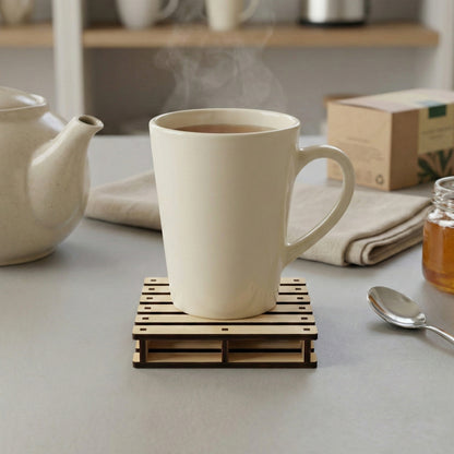 Laser-cut wooden pallet style cup holder with slatted design and contrasting dark supports, placed on a neutral kitchen countertop background.