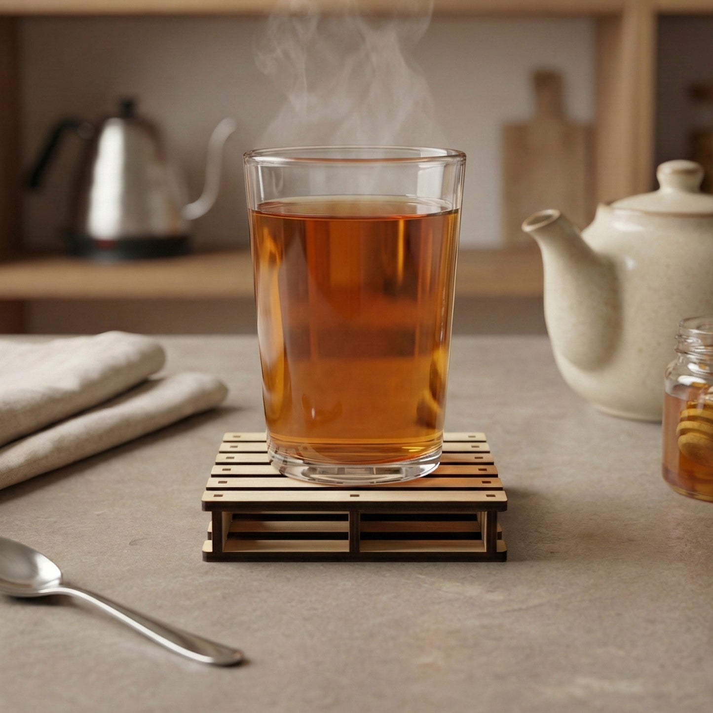 Minimalist laser cut wooden coaster shaped like a small pallet, holding a hot tea glass with rising steam, against a neutral kitchen setting.