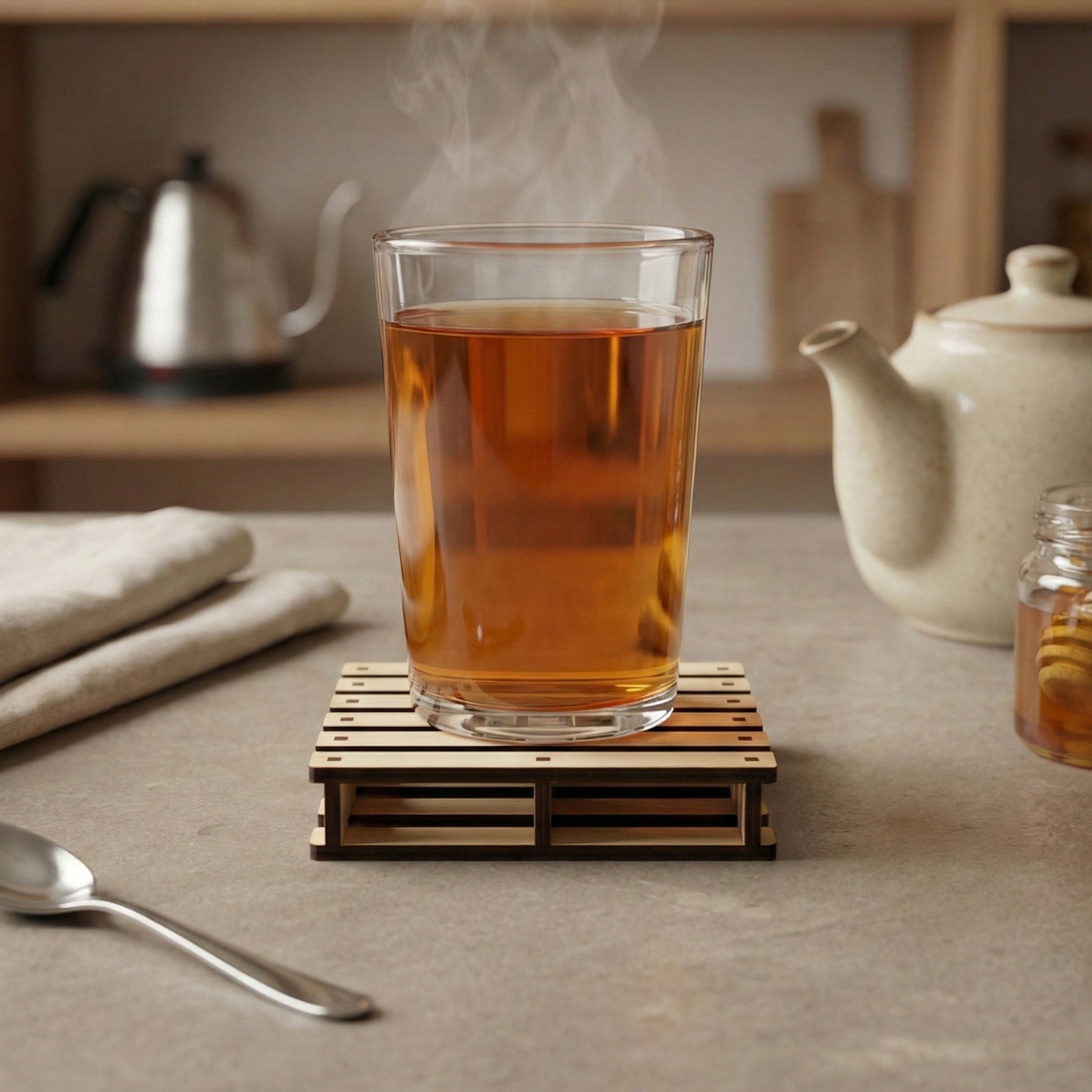 Minimalist laser cut wooden coaster shaped like a small pallet, holding a hot tea glass with rising steam, against a neutral kitchen setting.