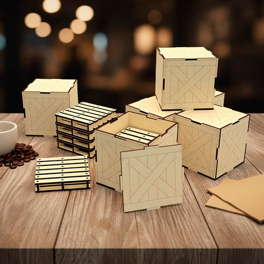A collection of laser cut wooden plywood mini-pallet coasters and matching storage crates. One crate is open to reveal coasters inside. The plywood pieces show realistic engraved wood-grain details and precise burnt-edge joinery.