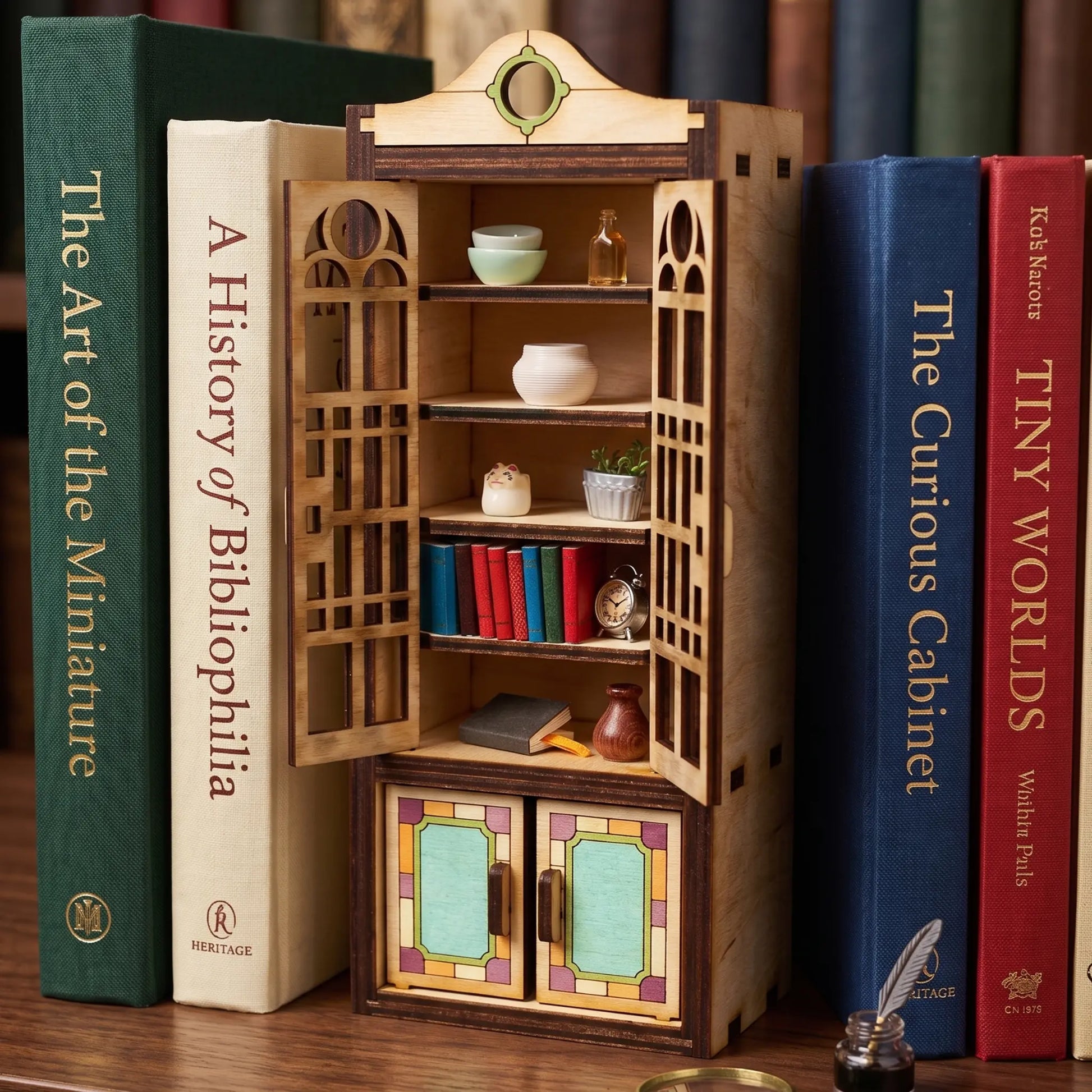 Wooden miniature bookshelf with books around it on a wooden surface