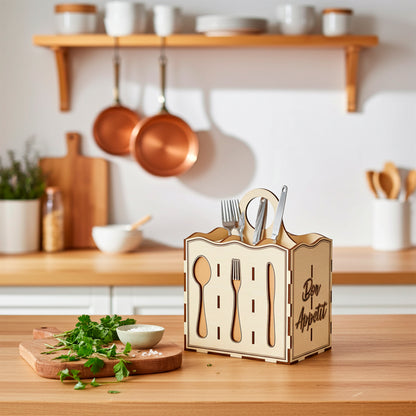 Laser cut plywood wooden utensil caddy with carved spoon, fork, and knife outlines, holding silverware and decorated with "Bon Appetit" text, sitting on a kitchen counter next to fresh parsley and salt