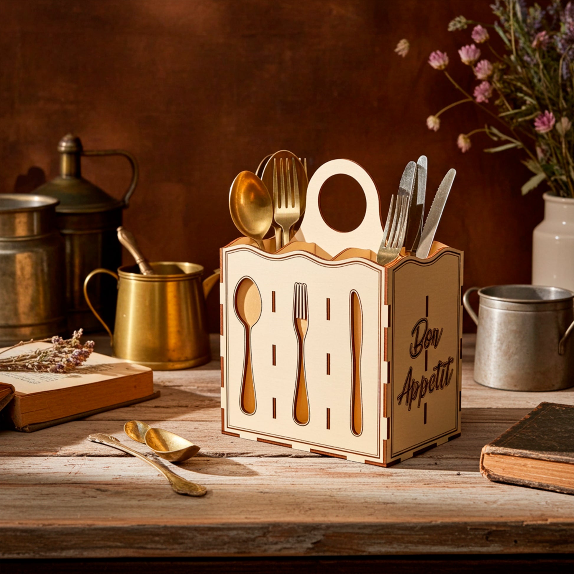 Laser cut  plywood wooden cutlery organizer with a handle and decorative wave top, filled with gold and silver utensils, shown on a rustic table with lavender, old books, and vintage brass mugs