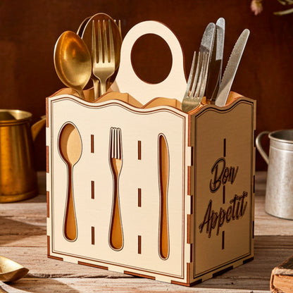 Laser cut  plywood wooden cutlery organizer with a handle and decorative wave top, filled with gold and silver utensils, shown on a rustic table with lavender, old books, and vintage brass mugs