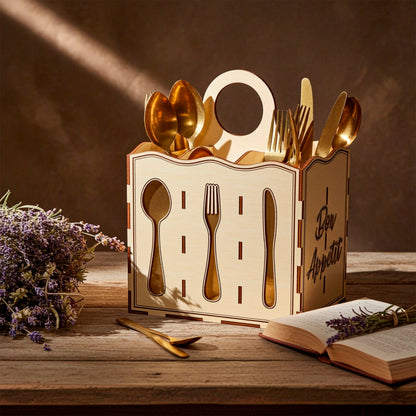 Laser cut plywood wooden utensil box with cutouts and "Bon Appetit" script, holding golden cutlery. The box is styled on a weathered wood surface with a lavender bouquet and an open book in dramatic, warm lighting