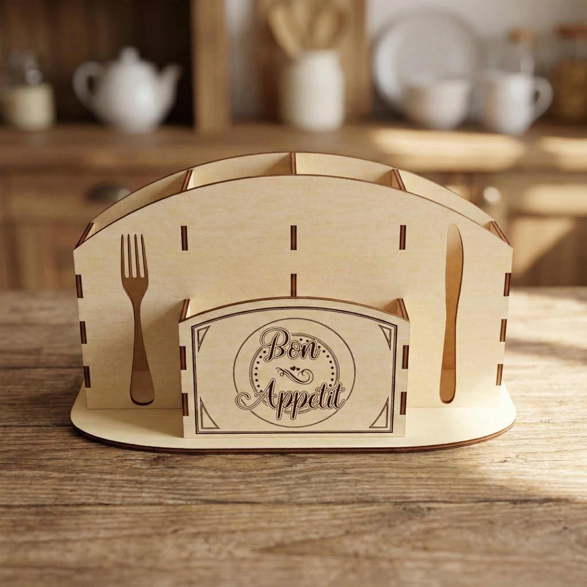 Front view of a laser cut plywood kitchen organizer on a wooden table. Features an etched "Bon Appetit" logo and arched top. Side rings hold two wooden pepper mills, while central slots are filled with forks, knives, and linen napkins.