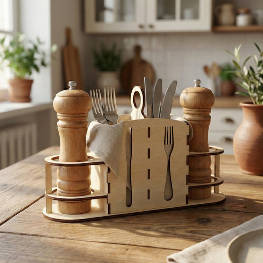 Side view of a laser cut plywood table organizer. The panel features decorative fork and knife cutouts. The interlocking tab-and-slot construction is visible. It holds salt and pepper mills on either side and cutlery in the center.