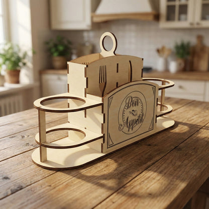 Empty kitchen organizer made of natural laser cut plywood. Shows the circular side holders for spice mills and a central handle for easy carrying. The "Bon Appetit" etched logo is clearly visible on the front panel.
