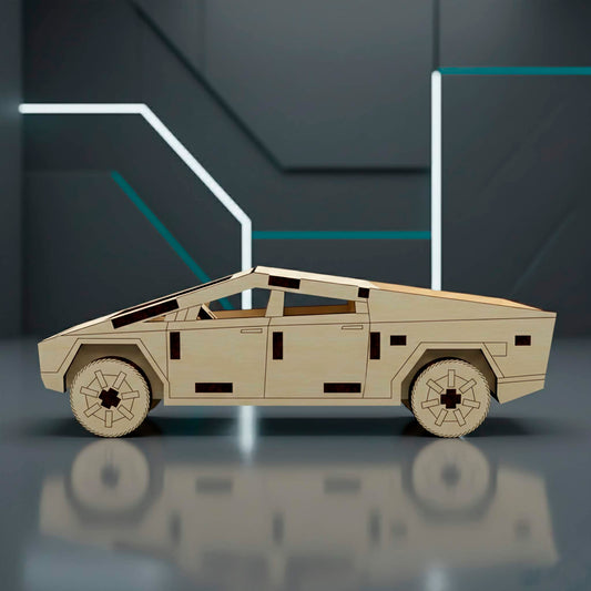Side profile of a laser cut wooden plywood cyber truck on a reflective surface. Features a sleek, angular silhouette made from light plywood with dark burnt accents. A DIY wood model kit with a modern, sci-fi design and precision-fitted parts.