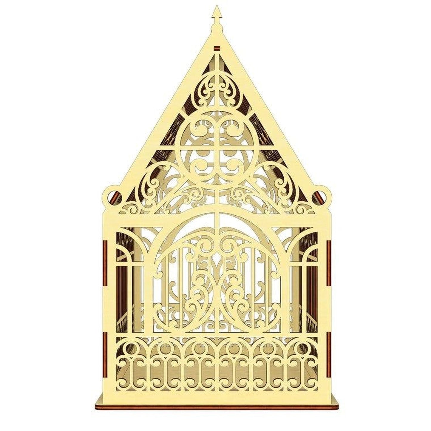 A decorative wooden structure with an intricate, ornate design featuring a pointed roof and a central archway.