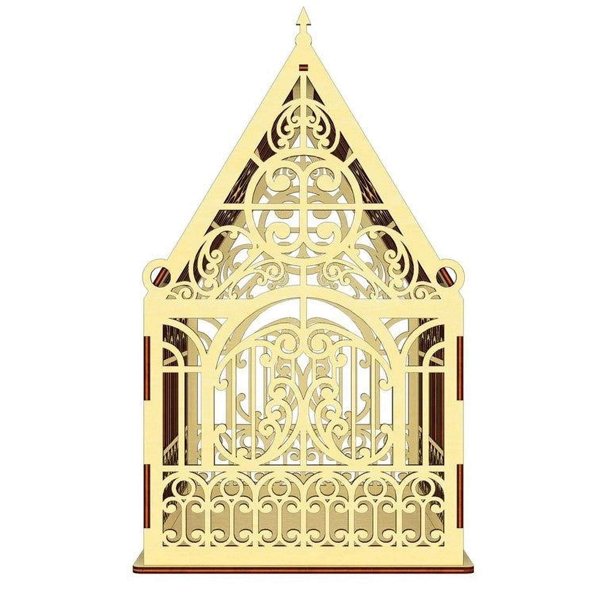 A decorative wooden structure with an intricate, ornate design featuring a pointed roof and a central archway.