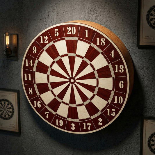 Round dartboard crafted from laser cut plywood with contrasting light and dark wood segments. Features etched numbers 1-20 around the perimeter. Mounted on a textured grey wall under a spotlight in a modern game room setting.
