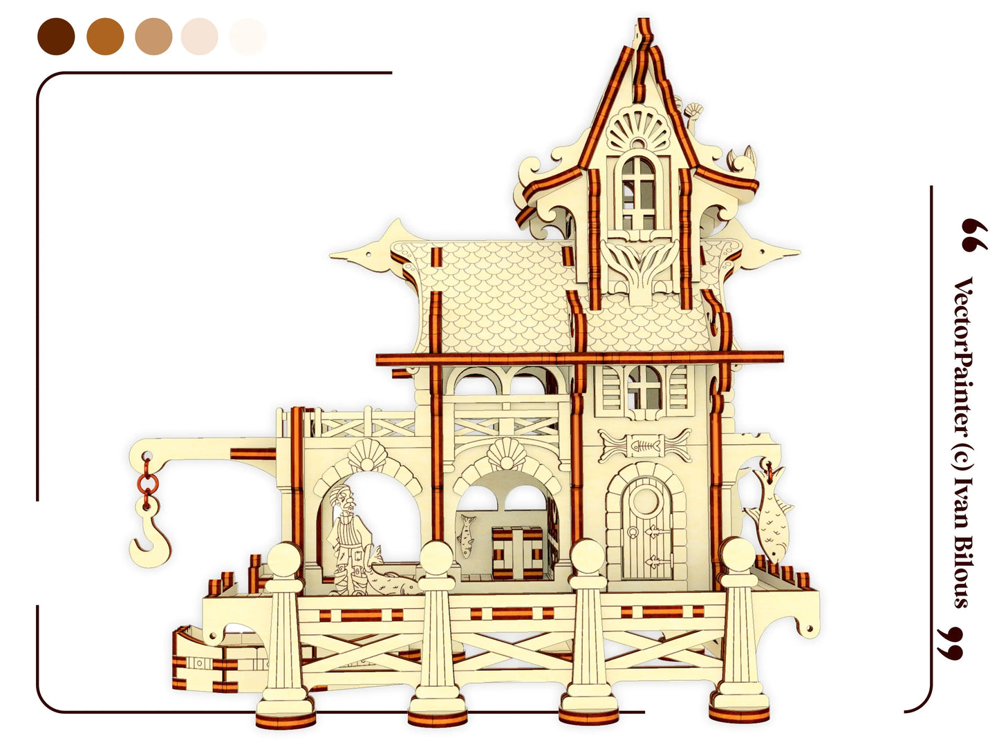 Straight side view of a laser cut plywood nautical house model with a tiny chest, arches, and hanging fish decor.