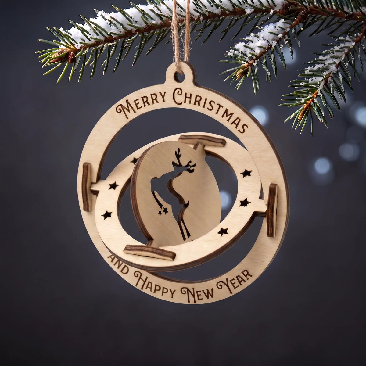 Kinetic laser cut plywood spinning deer bauble ornament with engraved holiday text on snow-dusted fir tree.