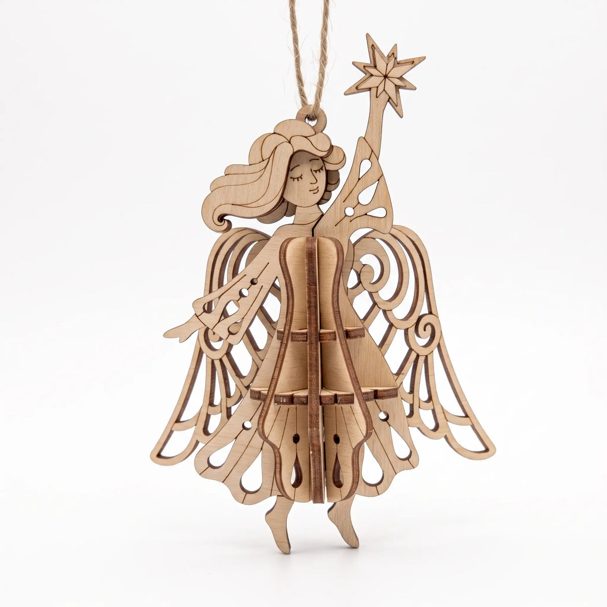 A wooden ornament in the shape of an angel, with intricate details and a star at the end.
