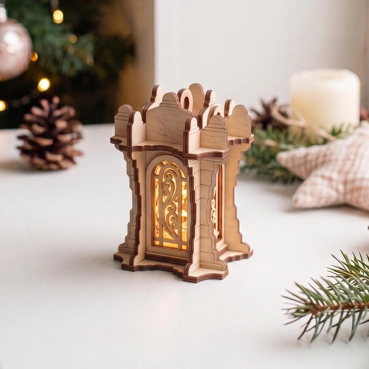 Illuminated laser cut plywood gothic tower lantern with floral arch cutout on white tabletop near pinecone and candle.