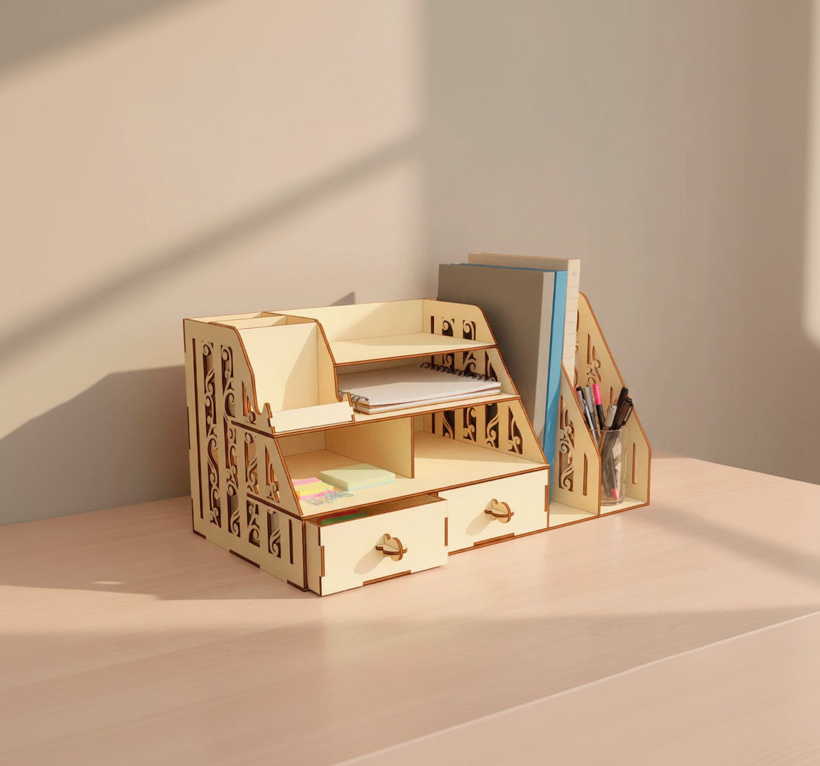 Front view of a multi-tier laser cut plywood desk shelf. Organized with notebooks, sticky notes, and folders. Highlights the precise interlocking joinery and decorative laser-etched scrollwork on the side support walls.