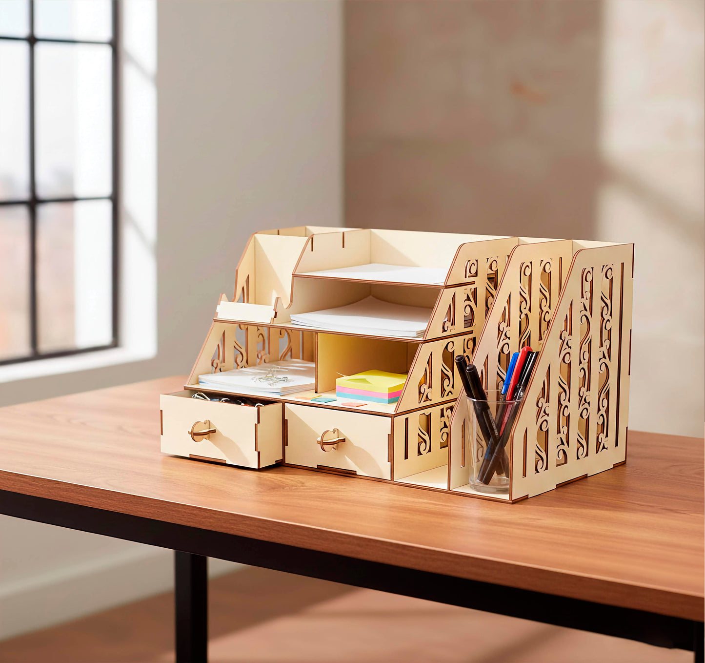 A large laser cut wooden desk organizer on a wooden table. It features two drawers, multiple paper shelves, and vertical file holders with intricate swirl-patterned filigree side panels. A glass of pens sits in a side compartment.