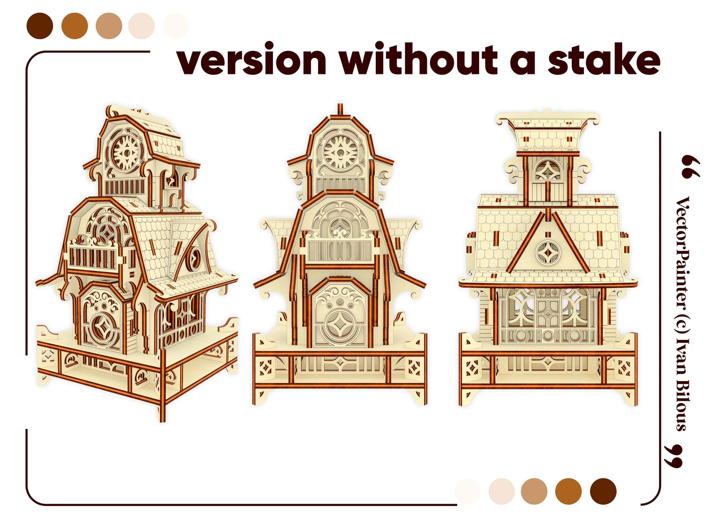 Infographic showing three view angles of the standalone tabletop model version, made from layered laser cut plywood.