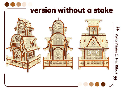 Infographic showing three view angles of the standalone tabletop model version, made from layered laser cut plywood.