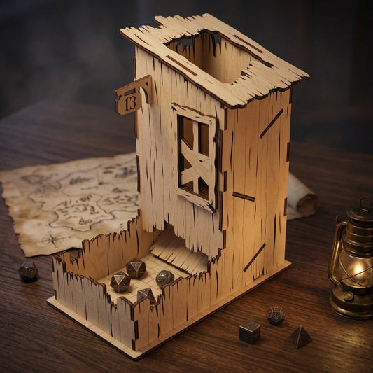 Abandoned house dice tower made of laser cut plywood with a jagged roof and boarded-up window. Bronze polyhedral dice rest in the fenced tray on a rustic table next to a vintage map and lantern. Handcrafted 1:12 scale aesthetic.