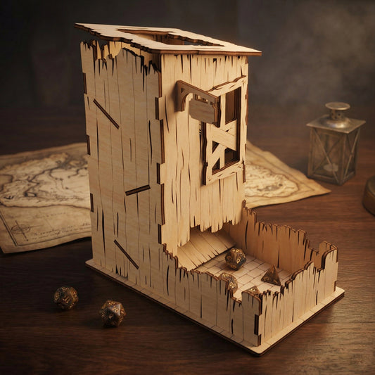 Detailed view of an abandoned house dice tower crafted from laser cut plywood. Features a hanging "13" sign and splintered-effect wood panels. Polyhedral dice are shown in the tray against a dark tabletop with a fantasy map.