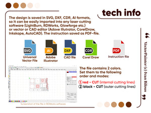 Technical information and plan of laser cut box: Laser Files in SVG, DXF, CDR, AI Formats, Plan screenshot in RDWorks, color mode settings