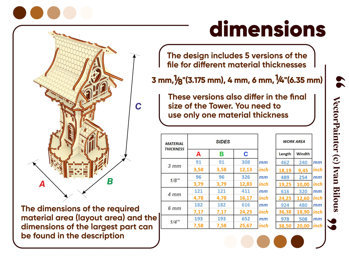 Laser cut plywood fantasy tower size chart with dimensions A, B, C for different material thicknesses.