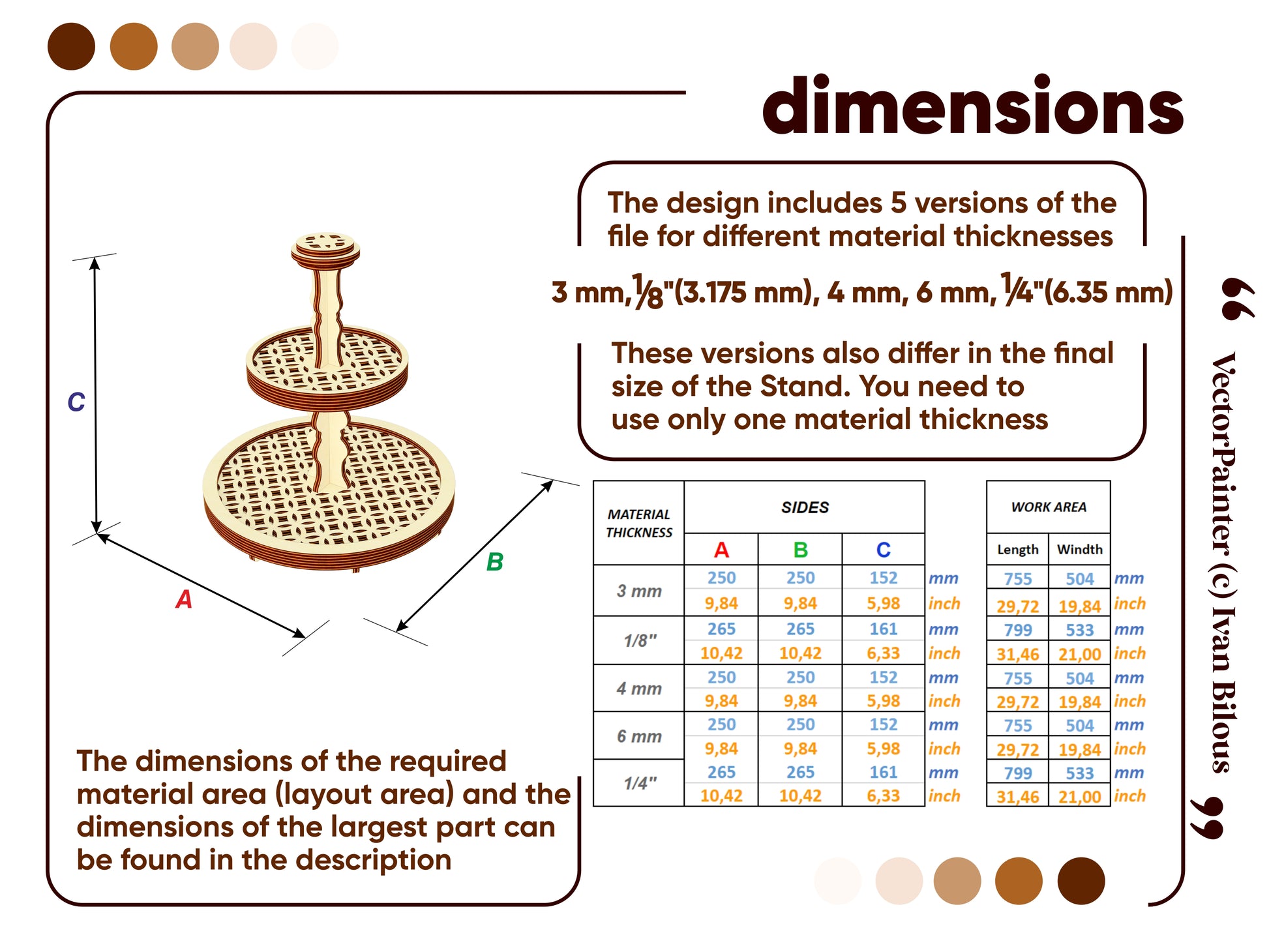 Dimensions of laser cut round tiered stand. Available different material thickness versions and file formants as SVG, DXF, CDR, AI